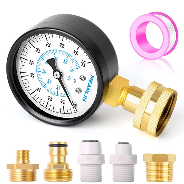 MEANLIN MEASURE 0~100Psi 3/4" Female Water Pressure Kit with 5 Adapters, Multi-Purpose Pressure Gauge for Gardens