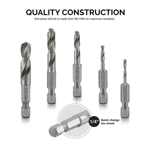 NEIKO 11402A Stubby Drill Bit Set for Metal, 5 Piece 1/4" Quick Change Hex Shank, M2 High Speed Steel