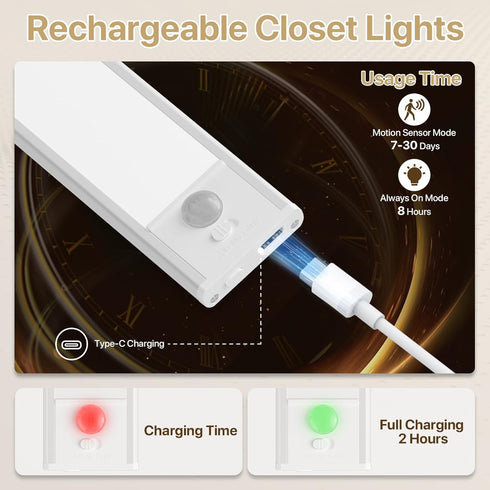 8inch 3 Dimmable, Closet Counter 2 Pack ORALUCE Under Cabinet Lighting Rechargeable Magnetic, LED Motion Sensor Light