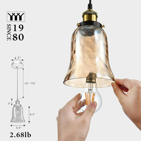 5.5"x6.3" 15"-72" E26 Modern Glass Pendant Light, Amber Ribbed Globe Light Fixture with Gold Cap, Adjustable Cord