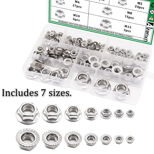 Aienxn 140PCS 7 304 -M3, M4, M5, M6, M8, M10, M12 Metric Sizes Stainless Steel Hex Flange Nuts Assortment Kit