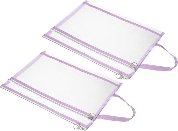 PATIKIL Nylon Document Zip Pouch with Handle, 2 Pack A4 Mesh Clear Files Bag for Office Business, Purple