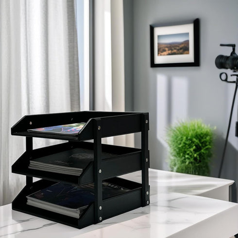 UnionBasic 3-Layer Faux Leather Document Paper Letter Tray, Desktop File Sorter Organizer Tray, Black