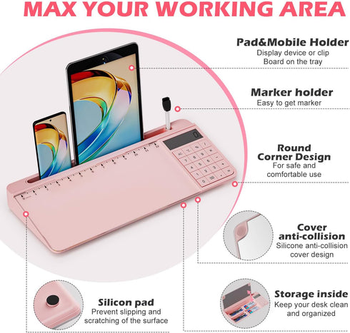 Desktop Glass Whiteboard with Mirror & Calculator (12 Digit LCD Display) & Ruler Marker, Tilted Keyboard Stand, Pink