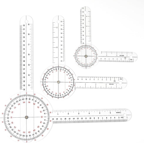 ACKEIVTO 3-Piece Transparent Goniometer Set, 6/8/12 Inch Plastic Angle Rulers, 360 Degree Clear