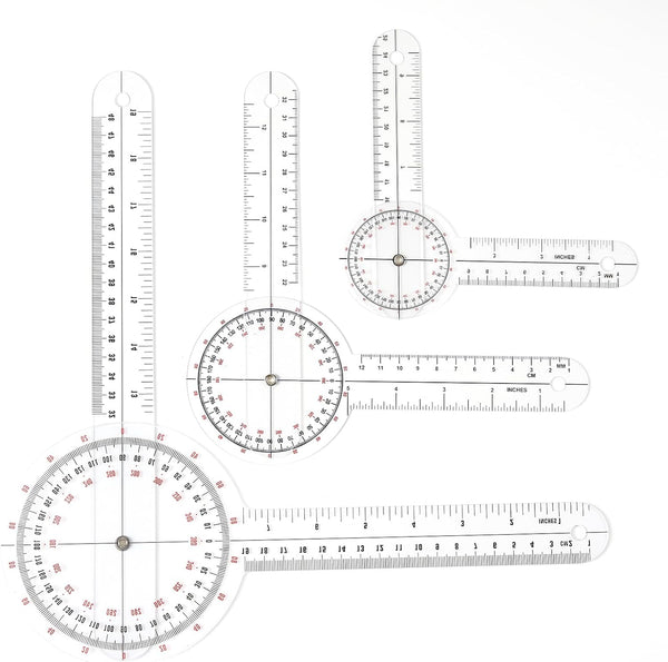 ACKEIVTO 3-Piece Transparent Goniometer Set, 6/8/12 Inch Plastic Angle Rulers, 360 Degree Clear