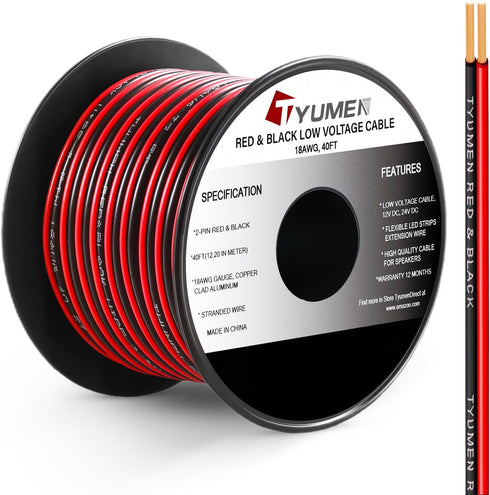 Tyumen 40FT 18 Gauge 2pin 2 Color Red Black Cable Hookup Electrical Wire