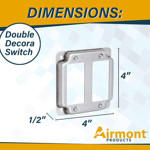 AP-12094 4" Square Double Decora Switch Electrical Box Cover, 1/2" Raised, Galvanized Steel, 2-Gang