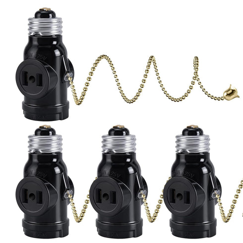 DiCUNO UL Listed E26 to 2 Polarized Outlet Socket Adapter, Black, 4-Pack with Pull Chain Switch Control