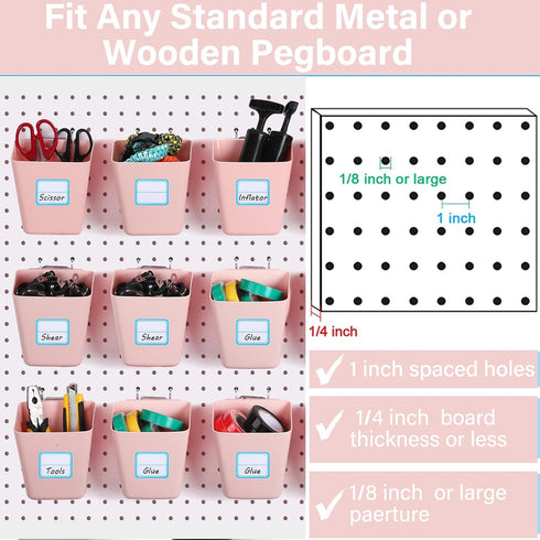 Namalu 12 Pack Peg Board Storage Bins - Square Box Shape with Labels and Hooks for Craft Room Wall Holder, Pink