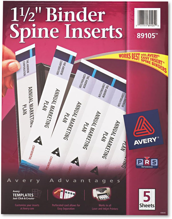 Avery-Dennison 89105 White Binder Spine Inserts, 1-1/2-Inch Capacity, 25/PK