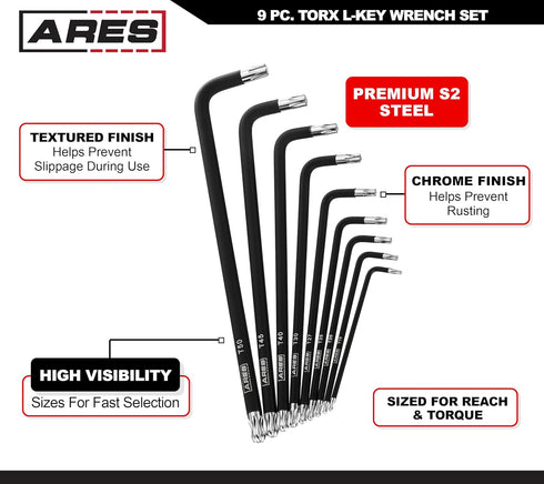 70257 Set 9-Piece Set T10-T50 S2 ARES - Extra Long Ball End Torx L-Key - Includes Sizes - Anti-Slip Textured Black