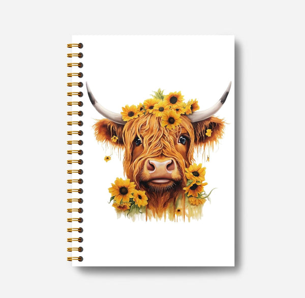 Sunflower Highland Cow Notebook, Western Cow Office Supplies, Spiral Notebook 5.5x8.3, Gifts for Highland Cow Lovers