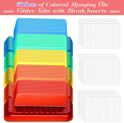 File Folder Tabs, Paxcoo 50 Sets Multicolor Hanging File Folder Tabs and Inserts, Plastic Tabs for Hanging Folders