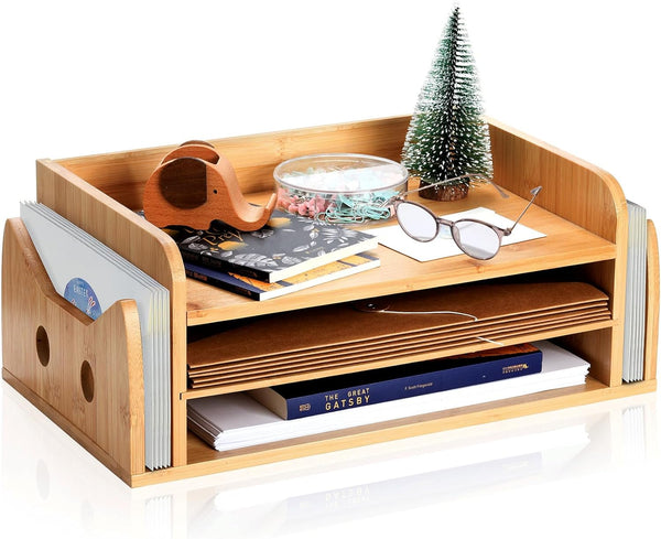 ZOOFOX Wood Desk Organizer, 5-Tray Paper Letter Tray with File Holder, Cute Cat-shaped Desktop Organizer