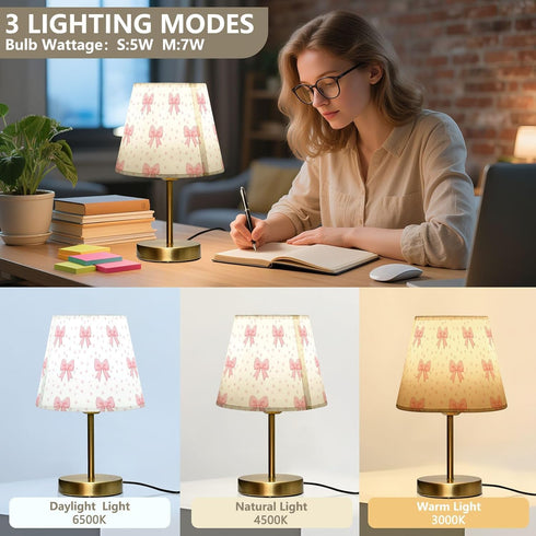 Kcldeci Bedside Table Lamp for Bedroom, Pink Bows Pink Dot Farmhouse Desk Lamps for Nightstand with Fabric Shade