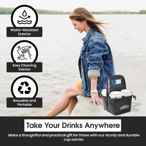 Drink Caddy Portable Drink Carrier and Reusable Coffee Cup Holder - 4 Cup Collapsible Tote Bag with Organizer Pockets