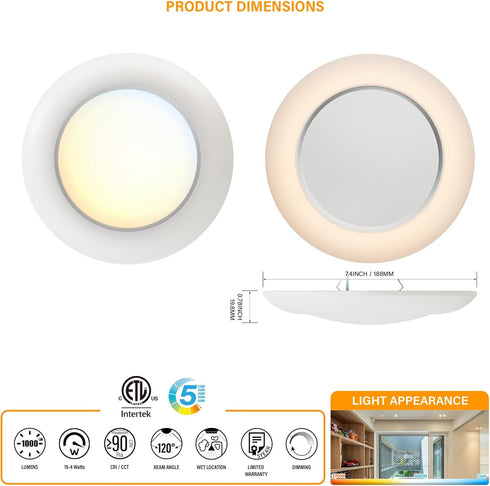 6 Inch LED Low Profile Disk Light with Night Light, 120VAC, 15W, 5CCT Color Changing, 1000LM, Dimmable, ETL, Shower Wet Rated Screw in Flush Mount Ceiling Light, White/1 Pack by JULLISON