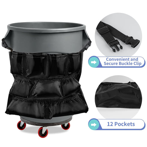 Trash Can Caddy Bag, 12 Pockets Organizer for Cleaning Tools and Supplies, Fits 20-44 Gallon Can (Black)