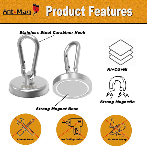 Ant Mag Carabiner Magnetic Hooks, 80LBS Heavy Duty Neodymium Magnet with Swivel Snap Hook, 4 Pack