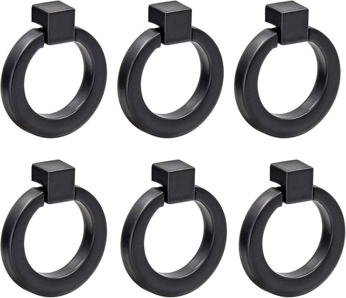 6Pcs Round Single Hole Cabinet Ring Pull Handles - Matte Black Knobs for Drawer, Dresser, Cupboard, Wardrobe
