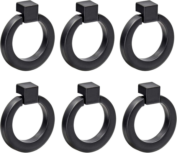6Pcs Round Single Hole Cabinet Ring Pull Handles - Matte Black Knobs for Drawer, Dresser, Cupboard, Wardrobe
