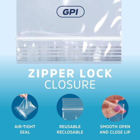 GPI POLY 2" 12" 500 Count, 2 GPI - x Long Zip Bags, Mil, Clear Plastic Reclosable Zipper Poly Baggies, with Resealable