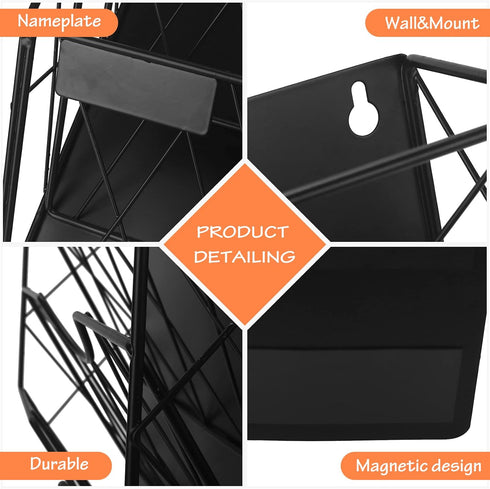 Magnetic File Holder, 3-Tier Black File Organizer for Cabinets, Mail & Magazine Holder, No-Drill Mount for Office Home