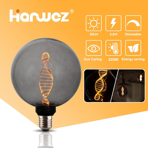 Globe Decorative LED Light Bulb, Oversized Round Dimmable Smoke G125/G40, Edison 3.5W 2200K Soft Warm Lighting