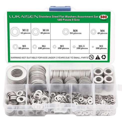 304 Stainless Steel Flat Washers Set, 580 Pieces, 9 Sizes for Home Decoration and Outdoor Construction