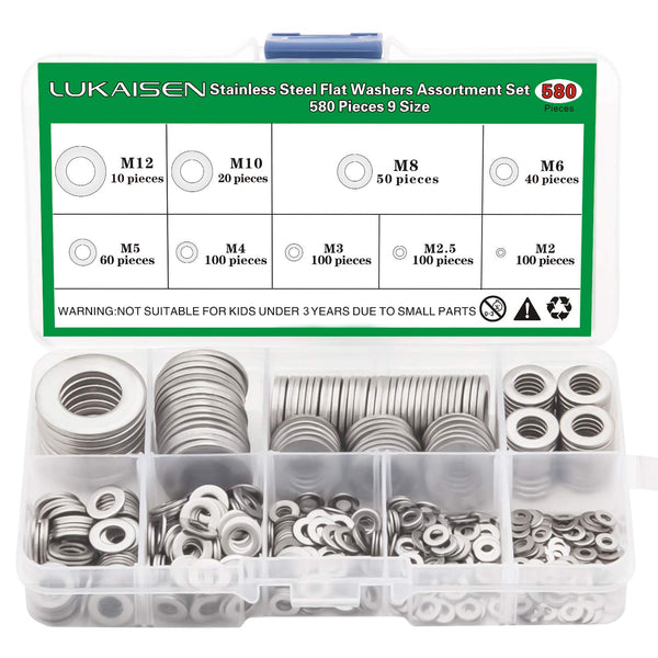 304 Stainless Steel Flat Washers Set, 580 Pieces, 9 Sizes for Home Decoration and Outdoor Construction