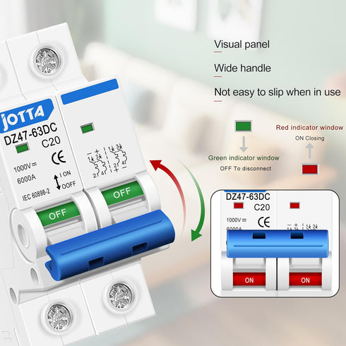 JOTTA DC Miniature Circuit Breaker 2 Poles - 1000V for Solar PV System, Din Rail Installation (2 PCS 20A)