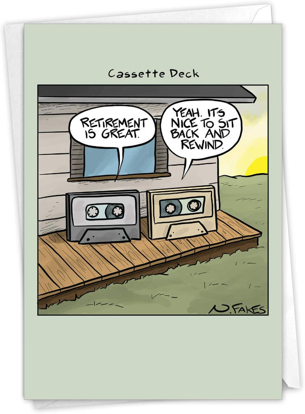 NobleWorks Funny Retirement Card with Envelope, Colorful Congrats Greeting - Cassette Decks C6971RTG-US
