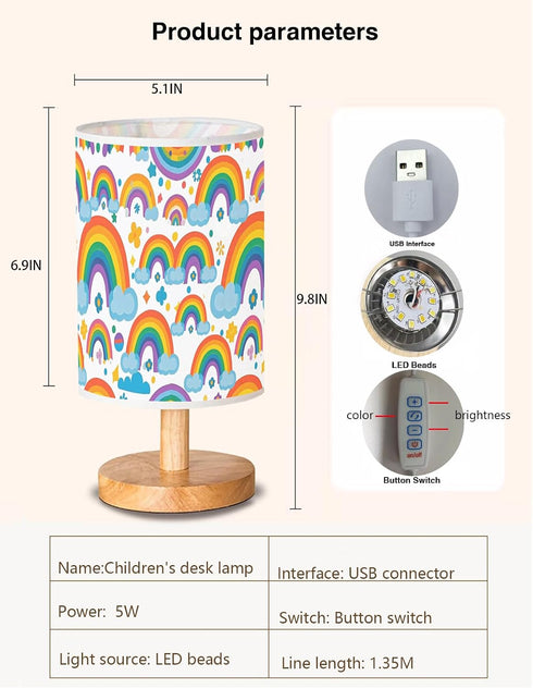 3 Dimmable Rainbow Lamp, Girls Lamps for Bedroom, Level Wood Nightstand Desk Base Flaxen Fabric Shade for Bedroom