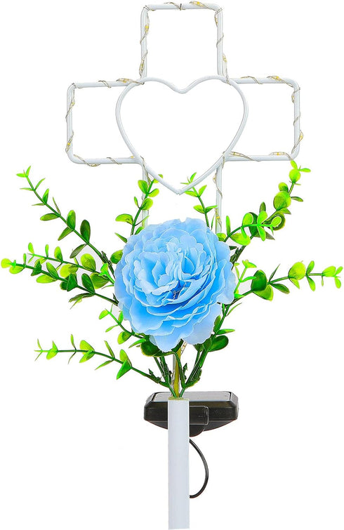 16 Inch Solar Cross Garden Stake Lights with 1 Artificial Flower, Metal Garden Art for Patio Lawn Decor