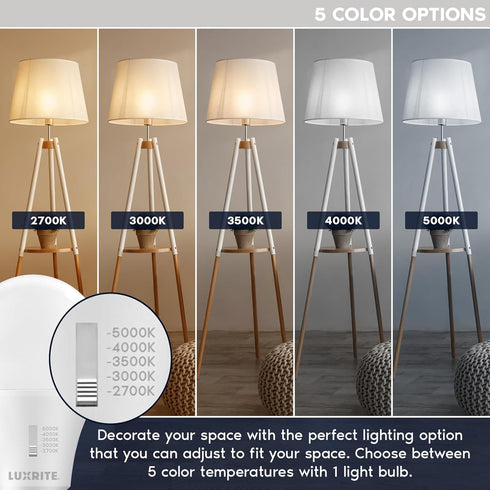 LUXRITE A19 LED Light Bulb 75 Watt Equivalent, CRI90, 5CCT Selectable 2700K 3000K 3500K 4000K 5000K, Dimmable, 1100LM, Standard LED Light Bulbs 11W, E26 Medium Base, ETL - Indoor Outdoor (4 Pack) by LUXRITE