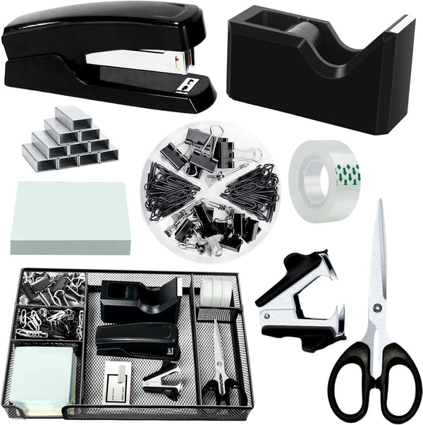 Black Office Desk Accessories Set, Desk Drawer Organizer with Stapler, Tape Dispenser, Scissors, and Sticky Notes