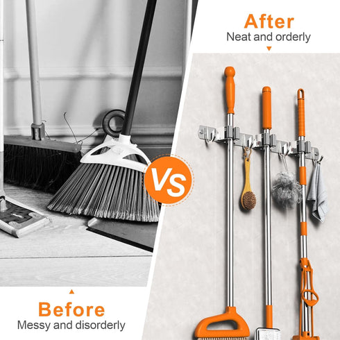 Mop and Broom Holder Wall Mount, Upgraded Organizer, Stainless Steel for Home Kitchen Garden