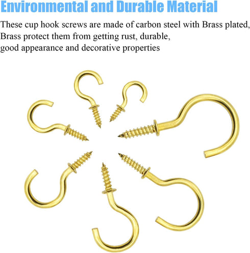 DYWISHKEY Cup Screw Hooks Kit - 136PCS in 7 Sizes, Brass Plated Screw-in Hooks for Home & Office
