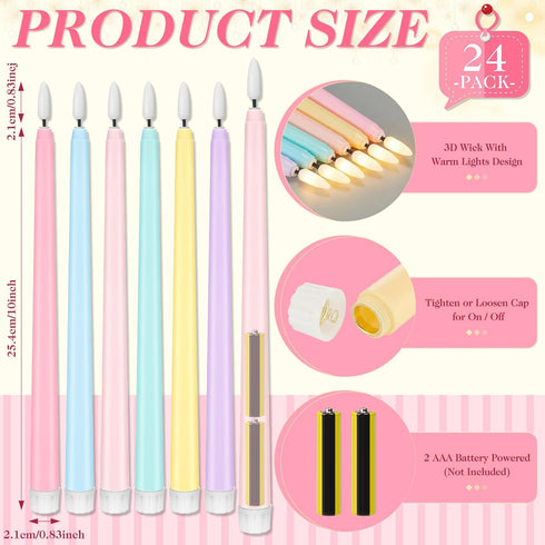 24 11'' Baquler Pcs Pastel Flameless Taper Candles Colorful LED Candle Sticks Colored Battery Operated Candle Pink