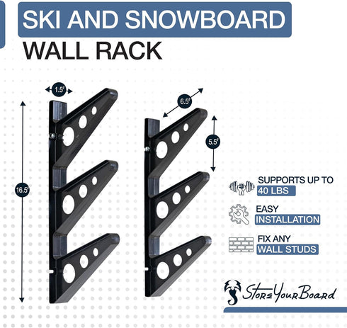 StoreYourBoard Horizontal Ski Wall Rack, Holds 3 Pairs of Skis and Poles, Up to 40 lbs