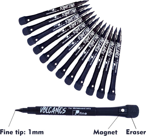 Volcanics Magnetic Dry Erase Markers with Eraser, Low Odor Fine Tip Whiteboard Pens Pack of 12, Black