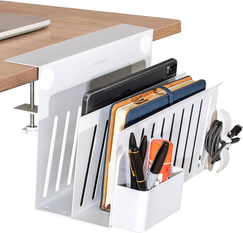 Volcora Desk Side Storage, Under Desk Laptop Holder, No Drill Desk Organizer with Magnetic Pen Box, 2 Tier White