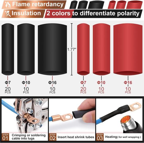 150pcs Battery Cable Ends Assortment Kit - 70Pcs Ring Wire Terminal Connectors & 80Pcs Heat Shrink Tubing for Marine
