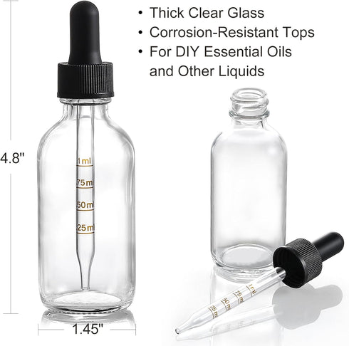 4 Pack 2 oz Glass Dropper Bottles with Measured Dropper, 60ml Dark Clear Tincture Bottles for Essential Oils