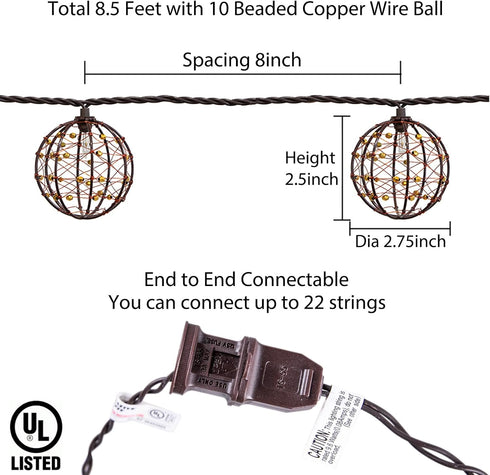 TWINKVILLA Outdoor Decorative Patio String Lights, Beaded Copper Wire Ball Style Lantern Lights, Connectable