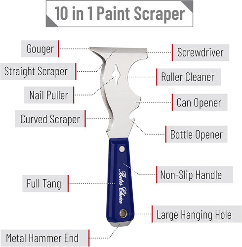 Bates 10 in 1 Paint Scraper Tool, Painters Knife, Putty Knife, Metal Scraper for Painting and Wood
