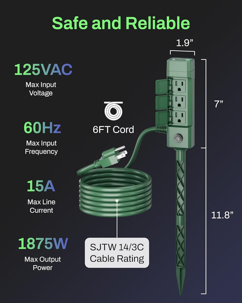 BN-LINK 100FT 6 6ft 1875W/15A,Christmas Outdoor Power Stake Timer, Wireless Remote Control, Dusk to Dawn Sensor