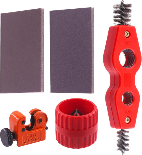 5Pcs Copper Pipe Cleaner Tube Reamer Cutter Set with 4 In 1 Brush, Reamer, Sanding Sponges, Tubing Cutter