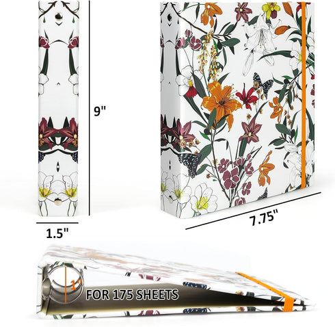 Mini 3 Ring Binder, 1 Inch, 5.5 x 8.5, Cute Flower Cover with Elastic Cord, School Binder, Recipe Binder